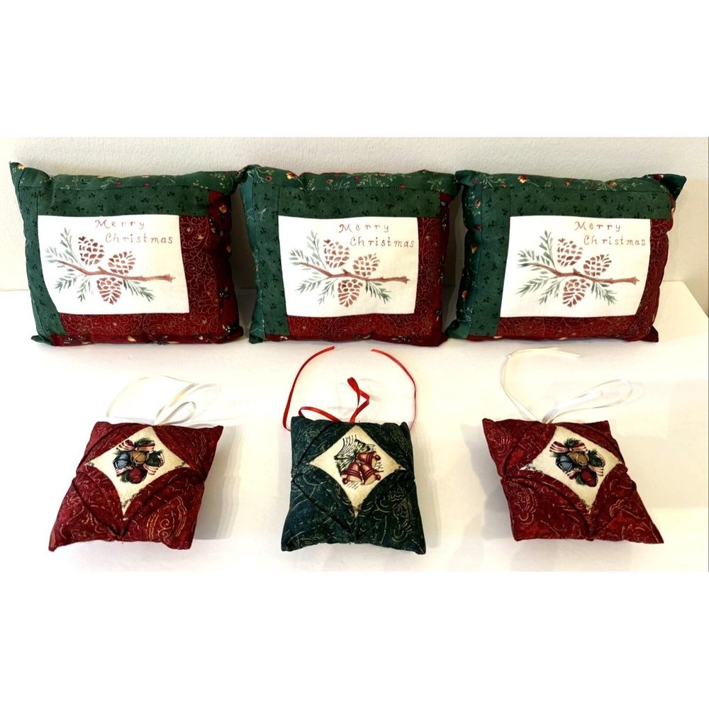 6 Vintage Handmade Christmas Decorative Throw Pillows 3 Small 8" and 3 Mini 4"